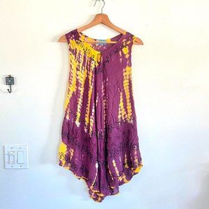 BOHEMIAN TIE DYE SUNFLOWER GOLD AND BURGUNDY DRESS MINI FLOWY